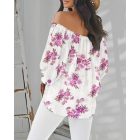 Floral Print Off Shoulder Eyelet Embroidery Blouse Three Quarter Sleeve Tied Detail Top