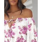 Floral Print Off Shoulder Eyelet Embroidery Blouse Three Quarter Sleeve Tied Detail Top