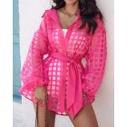 Plaid Turn-down Collar Sheer Mesh Long Sleeve Tied Detail Shirt Dress  Mini Dress with Belt