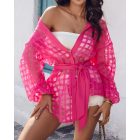 Plaid Turn-down Collar Sheer Mesh Long Sleeve Tied Detail Shirt Dress  Mini Dress with Belt