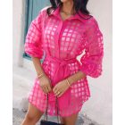 Plaid Turn-down Collar Sheer Mesh Long Sleeve Tied Detail Shirt Dress  Mini Dress with Belt