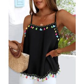  Square Neck Spaghetti Strap Colorful Tassel Decor Tank Casual Loose Fit Top