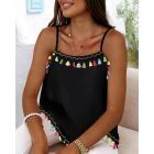 Square Neck Spaghetti Strap Colorful Tassel Decor Tank Casual Loose Fit Top