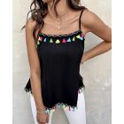 Square Neck Spaghetti Strap Colorful Tassel Decor Tank Casual Loose Fit Top