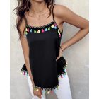 Square Neck Spaghetti Strap Colorful Tassel Decor Tank Casual Loose Fit Top