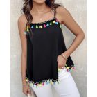 Square Neck Spaghetti Strap Colorful Tassel Decor Tank Casual Loose Fit Top