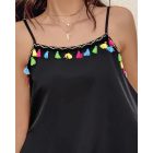 Square Neck Spaghetti Strap Colorful Tassel Decor Tank Casual Loose Fit Top