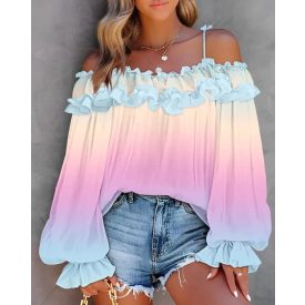   All Over Print Off Shoulder Lantern Sleeve Frill Hem Blouse Casual Top