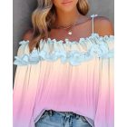 All Over Print Off Shoulder Lantern Sleeve Frill Hem Blouse Casual Top