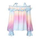 All Over Print Off Shoulder Lantern Sleeve Frill Hem Blouse Casual Top