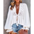 Plunge Lantern Sleeve Lace Patch Tied Detail Top