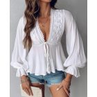 Plunge Lantern Sleeve Lace Patch Tied Detail Top