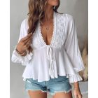 Plunge Lantern Sleeve Lace Patch Tied Detail Top