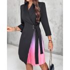 Ombre Long Sleeve Work Dress Wrap V Neck Pleated A Line Tie Waist Mini Blazer Dress