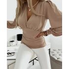 Plunge Neck Lantern Sleeve Ruched Long Sleeve Blouse Top