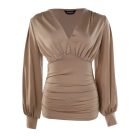 Plunge Neck Lantern Sleeve Ruched Long Sleeve Blouse Top