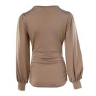 Plunge Neck Lantern Sleeve Ruched Long Sleeve Blouse Top