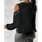 Rhinestone Cold Shoulder Sheer Mesh Patch Top