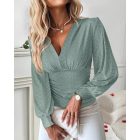 V-Neck Eyelet Hollow-out Ruched Lantern Sleeve Tee Casual Top