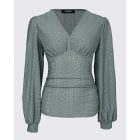 V-Neck Eyelet Hollow-out Ruched Lantern Sleeve Tee Casual Top