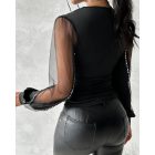 Plunge Sheer Mesh Patch Rhinestone Top