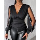 Plunge Sheer Mesh Patch Rhinestone Top