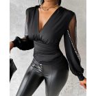 Plunge Sheer Mesh Patch Rhinestone Top