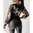Floral Embroidery V-Neck Sheer Mesh Cinched Waist Blouse Casual Top
