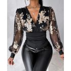 Floral Embroidery V-Neck Sheer Mesh Cinched Waist Blouse Casual Top