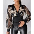 Floral Embroidery V-Neck Sheer Mesh Cinched Waist Blouse Casual Top