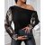 Sequin Floral Pattern Skew Neck Blouse See Through Mesh Patch Tied Detail Pullover Top