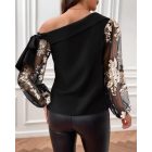Sequin Floral Pattern Skew Neck Blouse See Through Mesh Patch Tied Detail Pullover Top
