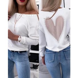   Heart Pattern Sheer Mesh Round Neck Long Sleeve Beaded Sheer Mesh Tee Casual Top