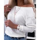 Heart Pattern Sheer Mesh Round Neck Long Sleeve Beaded Sheer Mesh Tee Casual Top