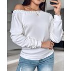 Heart Pattern Sheer Mesh Round Neck Long Sleeve Beaded Sheer Mesh Tee Casual Top