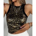 Jacquard Leopard Pattern Metallic O-neck Tank Top