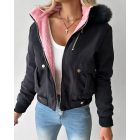 Fuzzy Trim Jacket Hooded Zip Up Fleece Lined Coat Outwear with Pockets