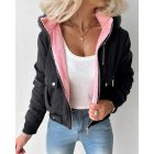 Fuzzy Trim Jacket Hooded Zip Up Fleece Lined Coat Outwear with Pockets