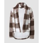 Plaid Pattern Oversized Fleece Jacket Teddy Bear Coat Open Front Batwing Sleeve Fuzzy Cardigan