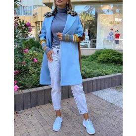   Color Block Long Trench Coat Single Breasted Detachable Fuzzy Leopard Pattern Lapel Overcoat