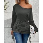 Skew Neck Long Sleeve Side Drawstring Top