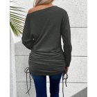 Skew Neck Long Sleeve Side Drawstring Top