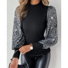 Mock Neck Lantern Sleeve Ribbed Top Contrast Sequin Pullover Blouse