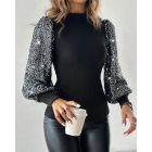 Mock Neck Lantern Sleeve Ribbed Top Contrast Sequin Pullover Blouse