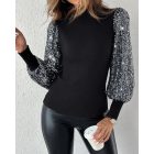 Mock Neck Lantern Sleeve Ribbed Top Contrast Sequin Pullover Blouse