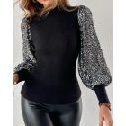 Mock Neck Lantern Sleeve Ribbed Top Contrast Sequin Pullover Blouse