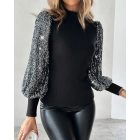 Mock Neck Lantern Sleeve Ribbed Top Contrast Sequin Pullover Blouse