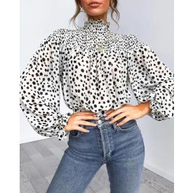   Leopard Print High Neck Lantern Long Sleeve Tied Detail Blouse Loose Casual Tops