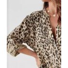 Leopard Print Stand Collar Roll Tab Sleeve Blouses Oversized Casual Shirt