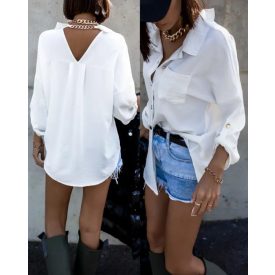  Turn-down Collar Long-Sleeve Front Button Backless Shirt Metal Chain Decor Blouses with Patch Pocket